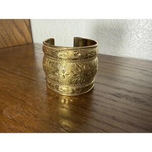 Vintage Ornate Brass Cuff Bracelet Wide Etched Floral & Scroll Design
